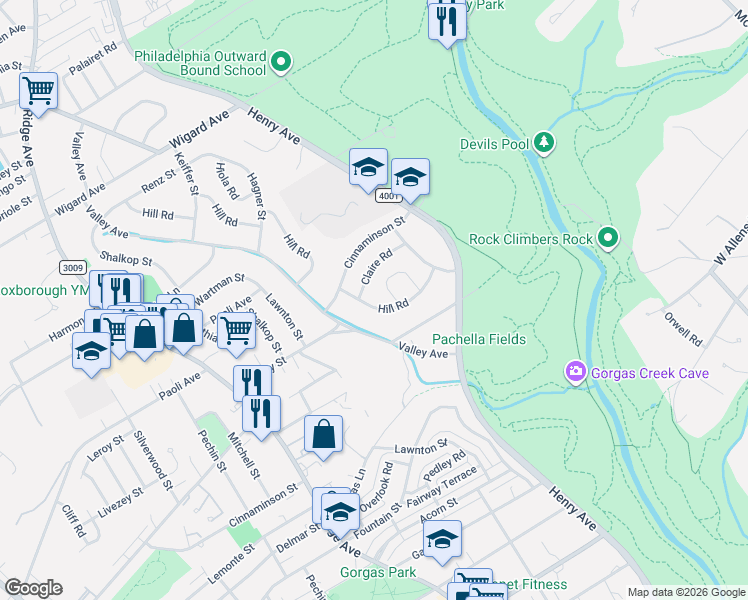 map of restaurants, bars, coffee shops, grocery stores, and more near 7025 Valley Avenue in Philadelphia