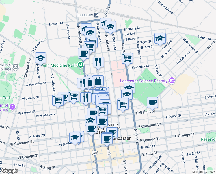 map of restaurants, bars, coffee shops, grocery stores, and more near 29 East James Street in Lancaster