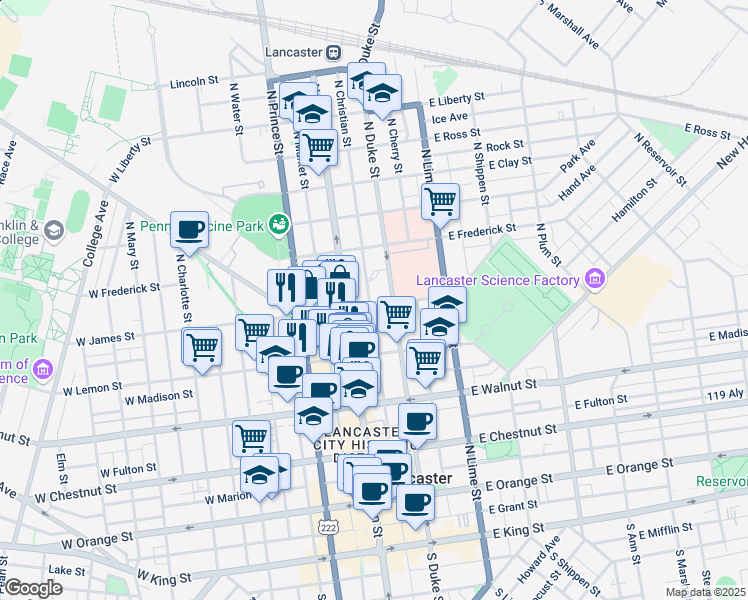 map of restaurants, bars, coffee shops, grocery stores, and more near 29 East James Street in Lancaster