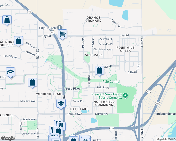 map of restaurants, bars, coffee shops, grocery stores, and more near 4285 Corriente Place in Boulder