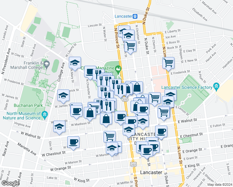 map of restaurants, bars, coffee shops, grocery stores, and more near 210 Harrisburg Avenue in Lancaster