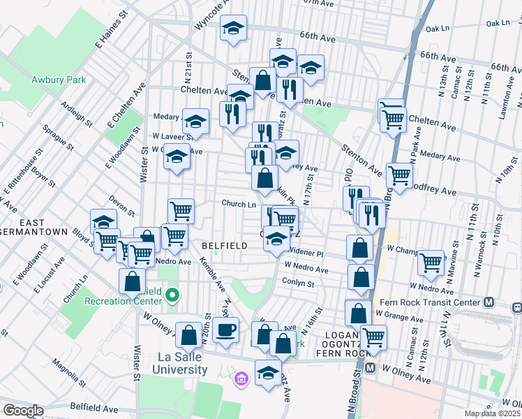 map of restaurants, bars, coffee shops, grocery stores, and more near 1800 Church Lane in Philadelphia