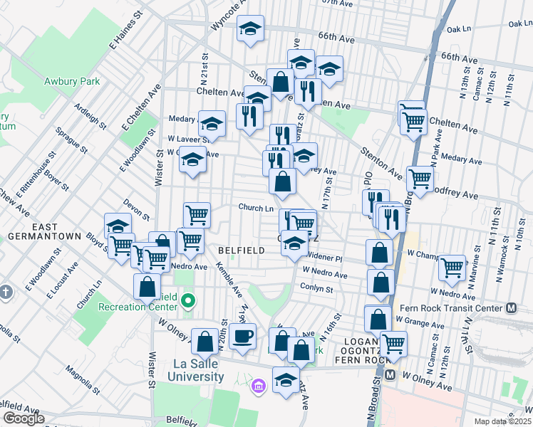 map of restaurants, bars, coffee shops, grocery stores, and more near 1824 Church Lane in Philadelphia