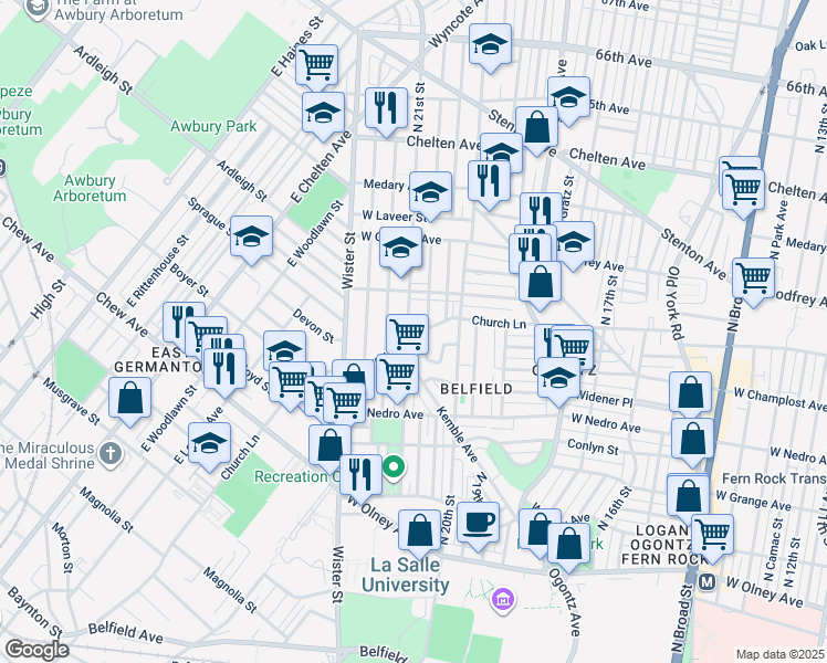 map of restaurants, bars, coffee shops, grocery stores, and more near 2047 Church Lane in Philadelphia