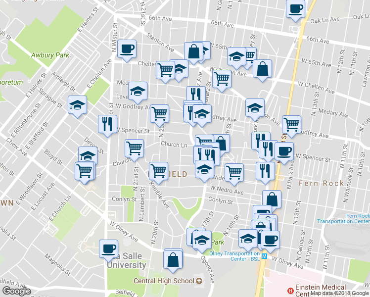 map of restaurants, bars, coffee shops, grocery stores, and more near 1824 Church Lane in Philadelphia