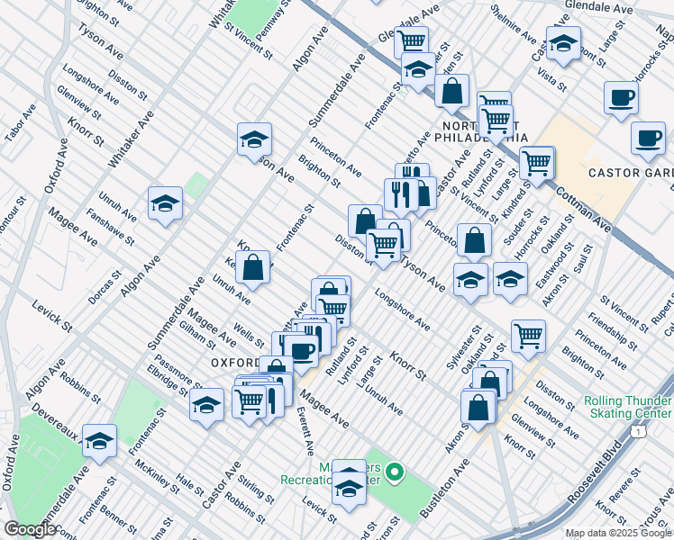 map of restaurants, bars, coffee shops, grocery stores, and more near 6899 Loretto Avenue in Philadelphia