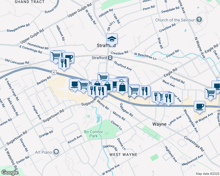 map of restaurants, bars, coffee shops, grocery stores, and more near 114 Fairfield Lane in Wayne