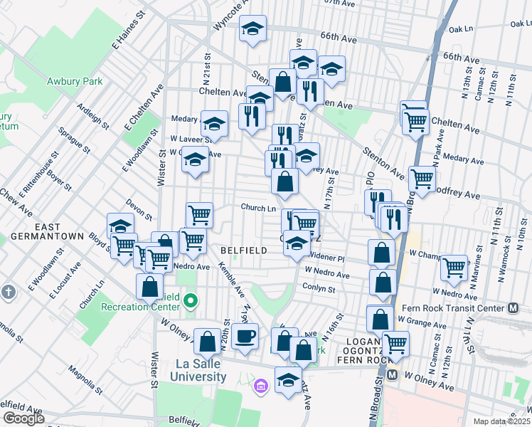 map of restaurants, bars, coffee shops, grocery stores, and more near 1830 Church Lane in Philadelphia