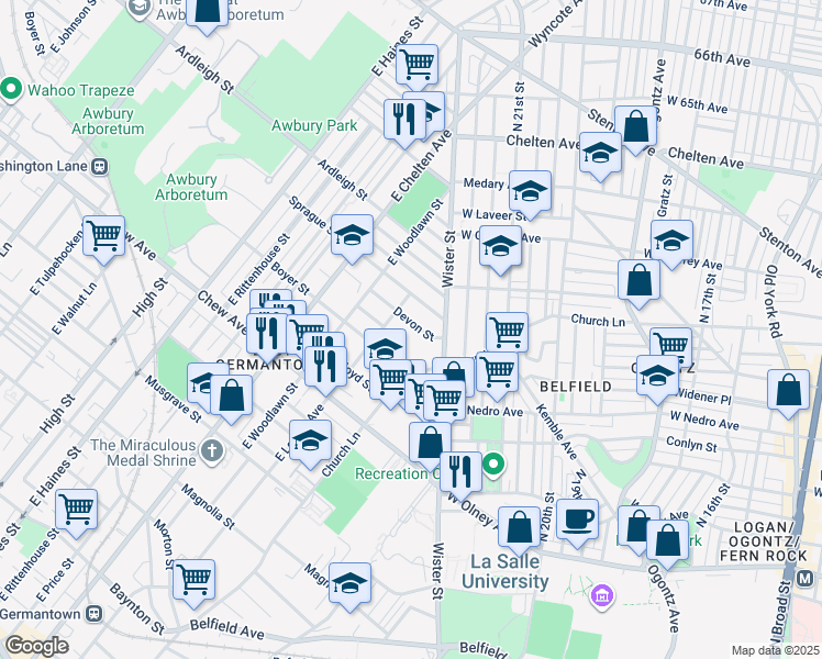 map of restaurants, bars, coffee shops, grocery stores, and more near 5534 Devon Street in Philadelphia