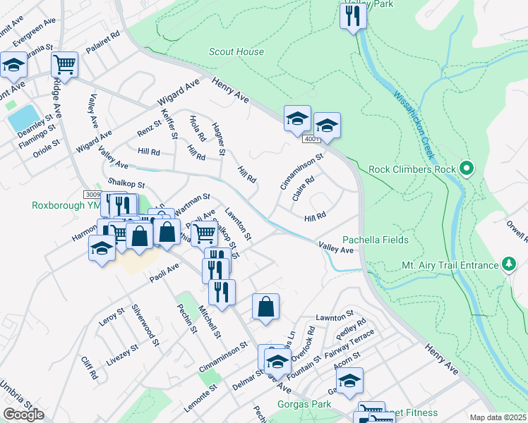 map of restaurants, bars, coffee shops, grocery stores, and more near 7107 Valley Avenue in Philadelphia