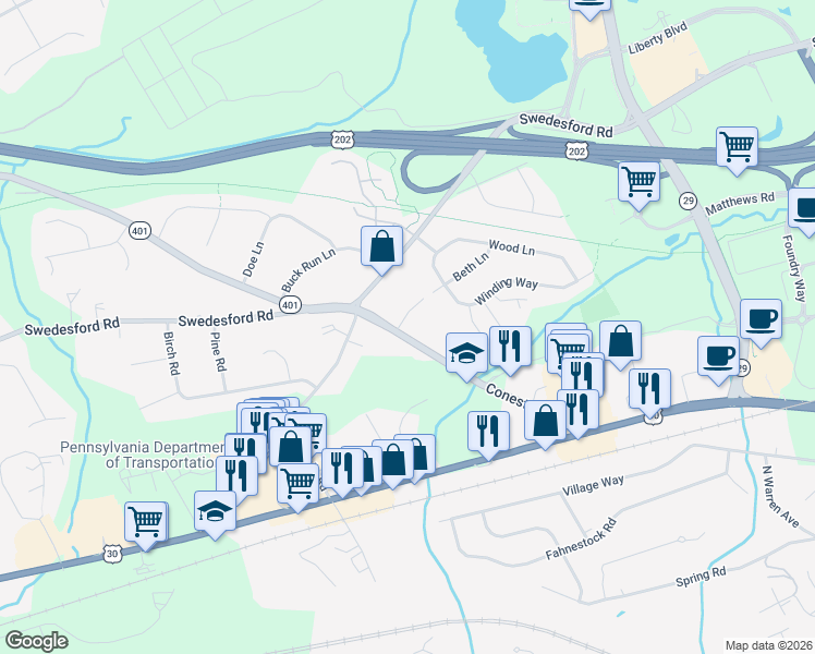 map of restaurants, bars, coffee shops, grocery stores, and more near 84 Conestoga Road in Malvern