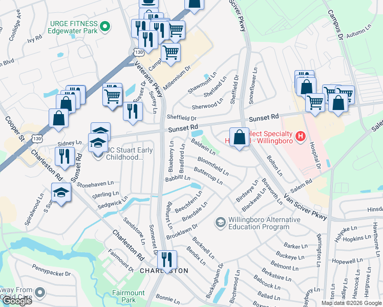 map of restaurants, bars, coffee shops, grocery stores, and more near 20 Bloomfield Lane in Willingboro
