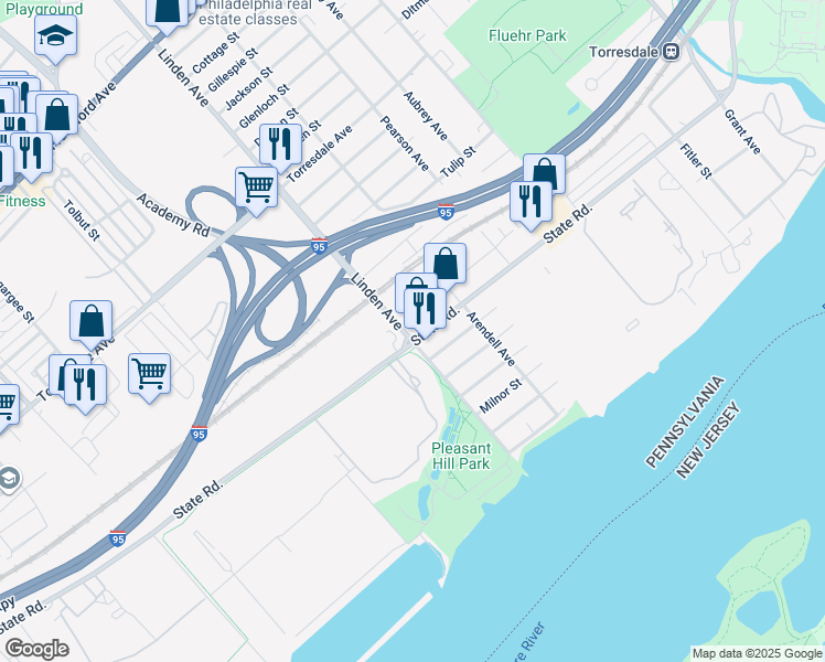 map of restaurants, bars, coffee shops, grocery stores, and more near 4995 Linden Avenue in Philadelphia