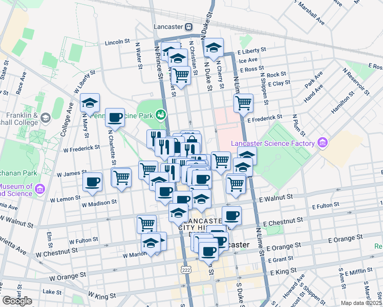 map of restaurants, bars, coffee shops, grocery stores, and more near 512 North Queen Street in Lancaster