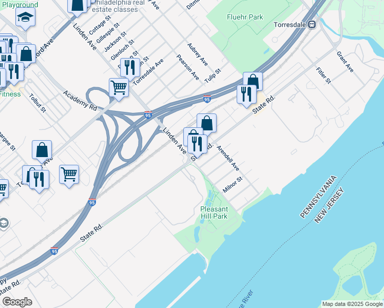 map of restaurants, bars, coffee shops, grocery stores, and more near 4995 Linden Avenue in Philadelphia