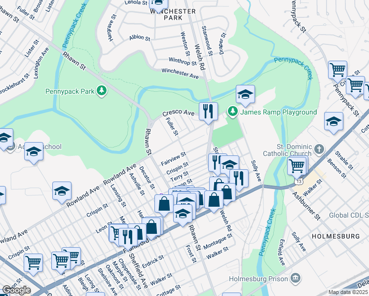 map of restaurants, bars, coffee shops, grocery stores, and more near 8038 Crispin Street in Philadelphia