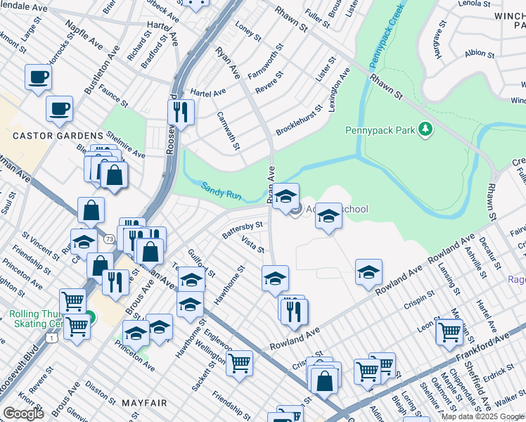 map of restaurants, bars, coffee shops, grocery stores, and more near 2950 Sandyford Avenue in Philadelphia