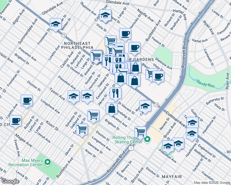 map of restaurants, bars, coffee shops, grocery stores, and more near 7224 Bustleton Avenue in Philadelphia