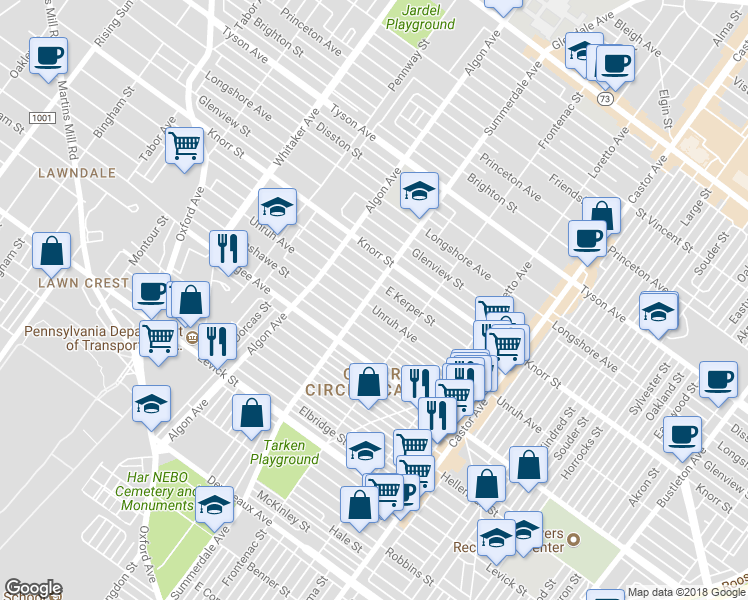 map of restaurants, bars, coffee shops, grocery stores, and more near 1205 Fanshawe Street in Philadelphia