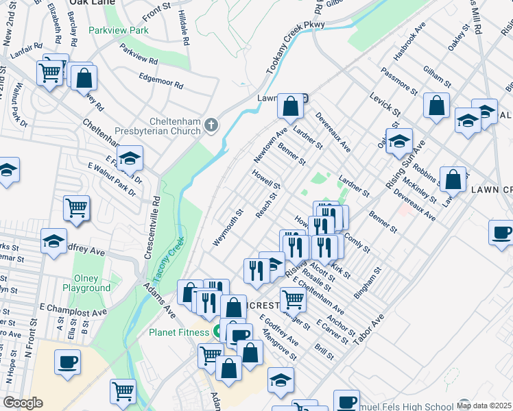 map of restaurants, bars, coffee shops, grocery stores, and more near 5826 Reach Street in Philadelphia