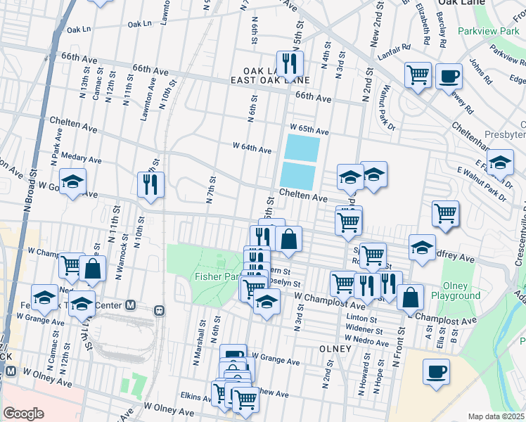 map of restaurants, bars, coffee shops, grocery stores, and more near 6150 North 5th Street in Philadelphia