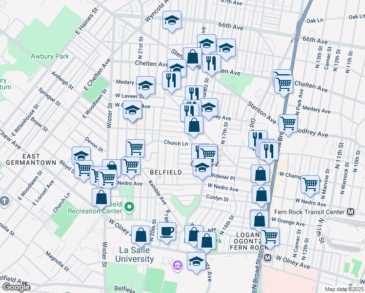 map of restaurants, bars, coffee shops, grocery stores, and more near 1842 Roselyn Street in Philadelphia