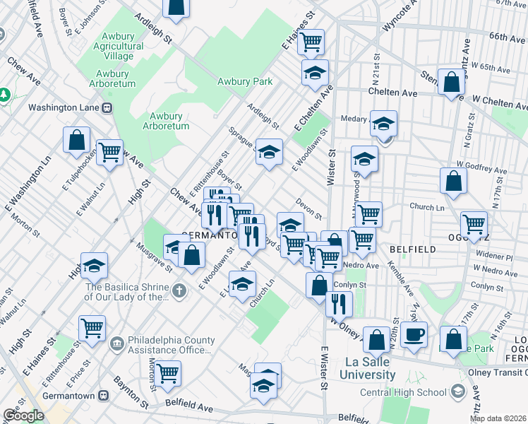 map of restaurants, bars, coffee shops, grocery stores, and more near 845 East Locust Avenue in Philadelphia