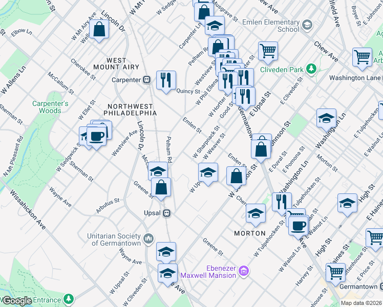 map of restaurants, bars, coffee shops, grocery stores, and more near 6525 Cherokee Street in Philadelphia
