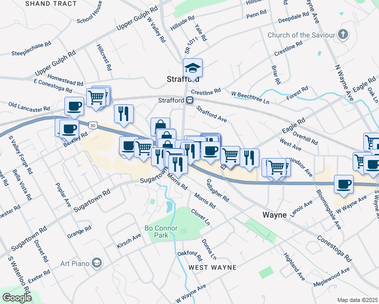 map of restaurants, bars, coffee shops, grocery stores, and more near 114 Fairfield Lane in Wayne