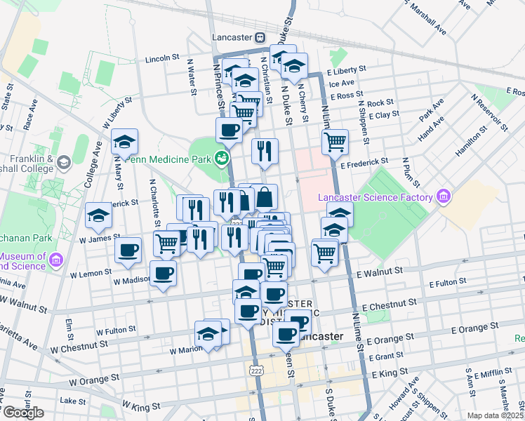 map of restaurants, bars, coffee shops, grocery stores, and more near 447 North Market Street in Lancaster