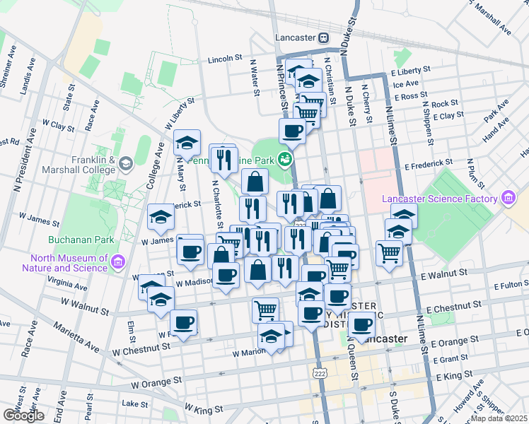 map of restaurants, bars, coffee shops, grocery stores, and more near 230 Harrisburg Avenue in Lancaster