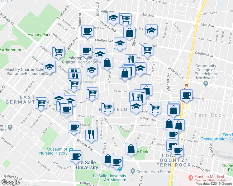 map of restaurants, bars, coffee shops, grocery stores, and more near 1964 Church Lane in Philadelphia