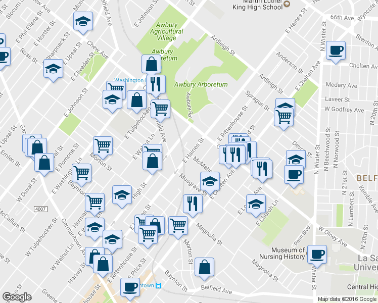 map of restaurants, bars, coffee shops, grocery stores, and more near 587 E Haines St in Philadelphia