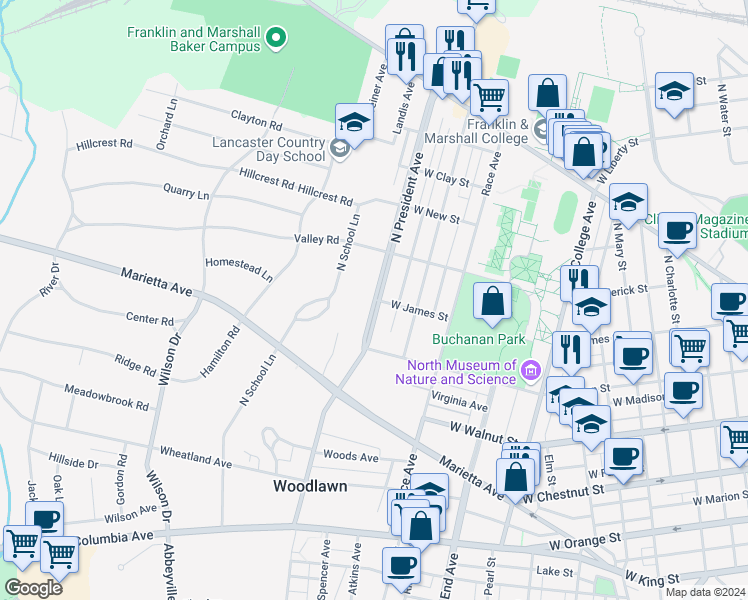 map of restaurants, bars, coffee shops, grocery stores, and more near 498 North President Avenue in Lancaster