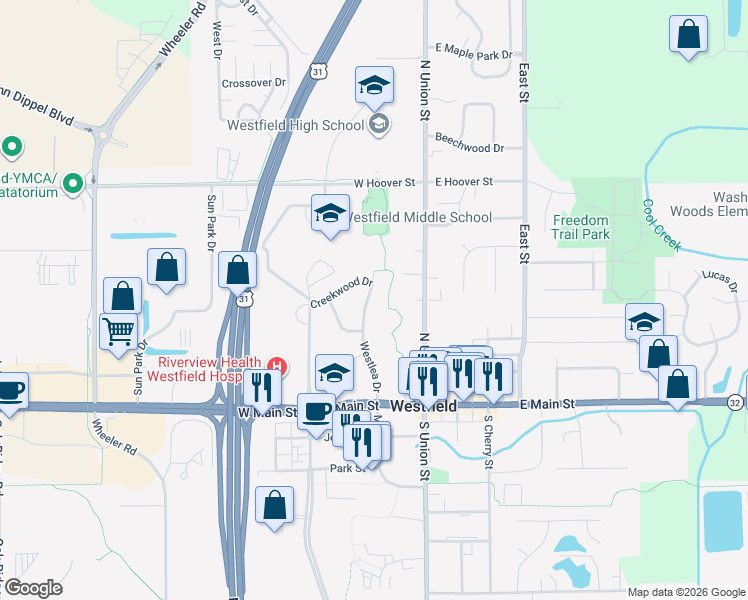 map of restaurants, bars, coffee shops, grocery stores, and more near 312 Westlea Drive in Westfield