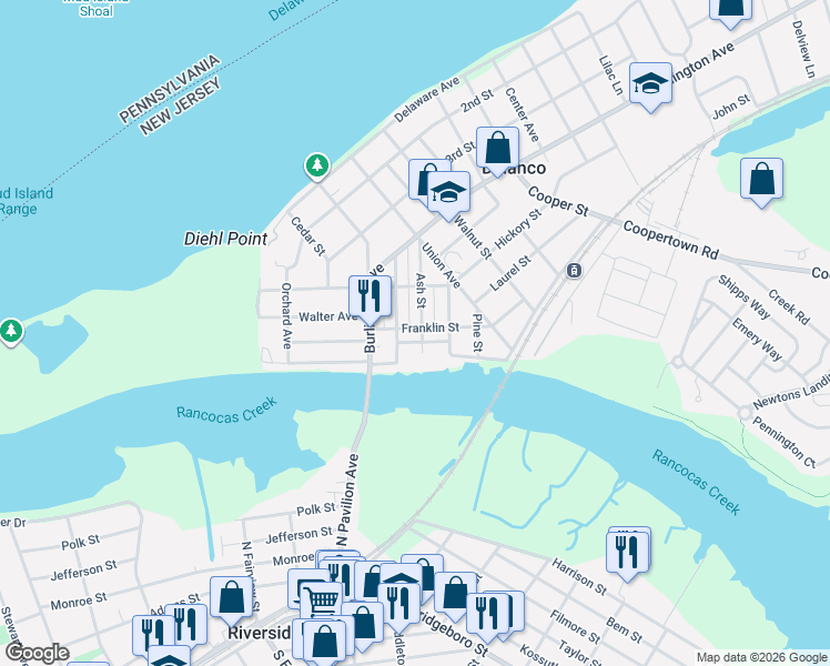 map of restaurants, bars, coffee shops, grocery stores, and more near 200 Ash Street in Delanco
