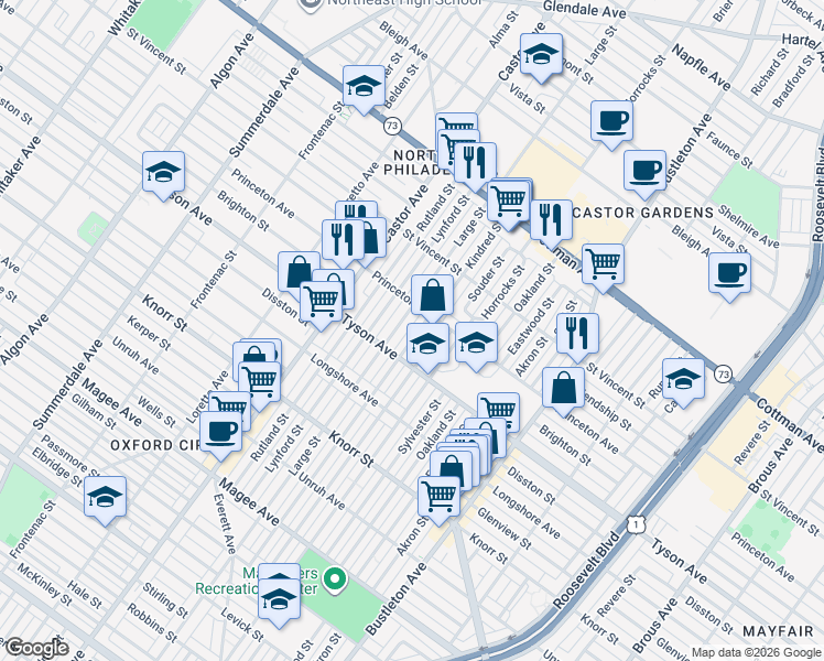 map of restaurants, bars, coffee shops, grocery stores, and more near 7001 Kindred Street in Philadelphia