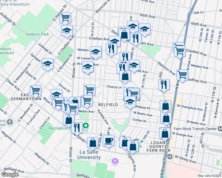 map of restaurants, bars, coffee shops, grocery stores, and more near 1964 Church Lane in Philadelphia