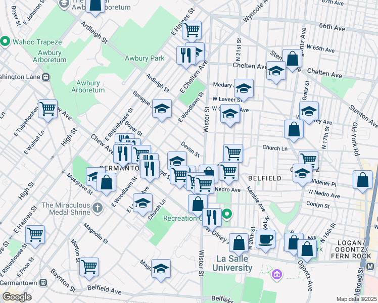 map of restaurants, bars, coffee shops, grocery stores, and more near 5534 Devon Street in Philadelphia