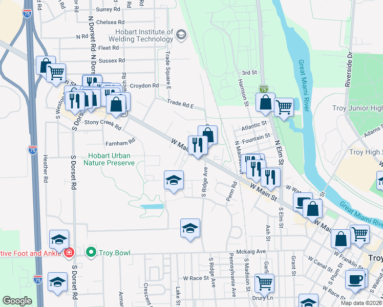 map of restaurants, bars, coffee shops, grocery stores, and more near 1112 West Main Street in Troy