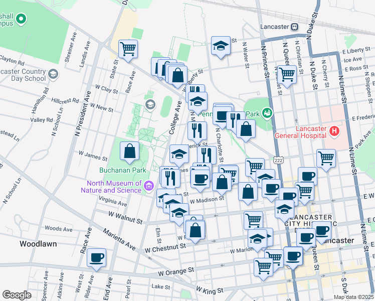 map of restaurants, bars, coffee shops, grocery stores, and more near 526 West Frederick Street in Lancaster