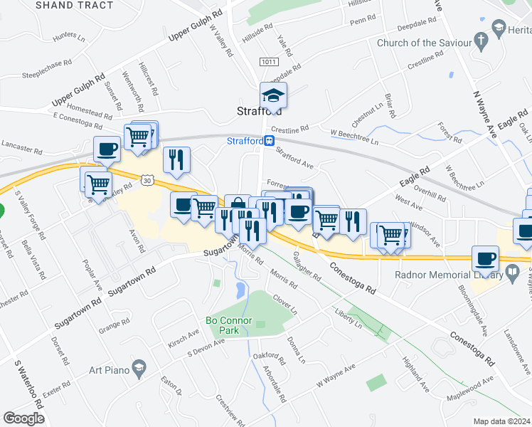 map of restaurants, bars, coffee shops, grocery stores, and more near 110 Fairfield Lane in Wayne