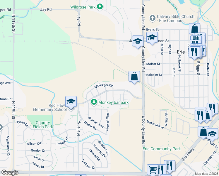 map of restaurants, bars, coffee shops, grocery stores, and more near 146 South McGregor Circle in Erie