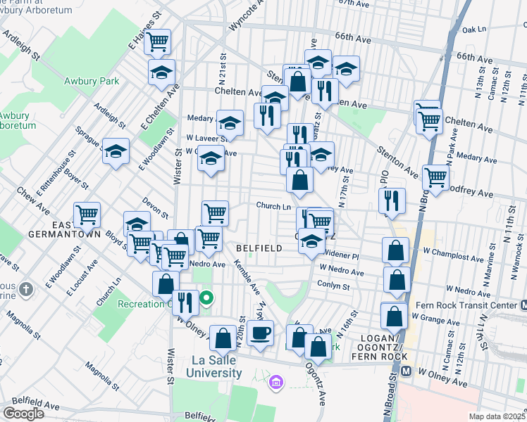 map of restaurants, bars, coffee shops, grocery stores, and more near 1968 Church Lane in Philadelphia