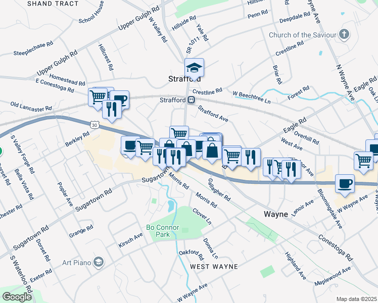 map of restaurants, bars, coffee shops, grocery stores, and more near 110 Fairfield Lane in Wayne