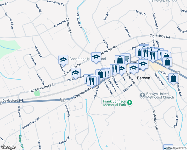 map of restaurants, bars, coffee shops, grocery stores, and more near 881 Old Lancaster Road in Berwyn