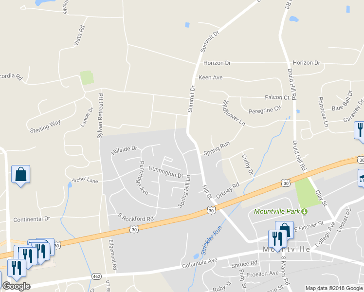 map of restaurants, bars, coffee shops, grocery stores, and more near 309 Spring Hill Lane in Mountville