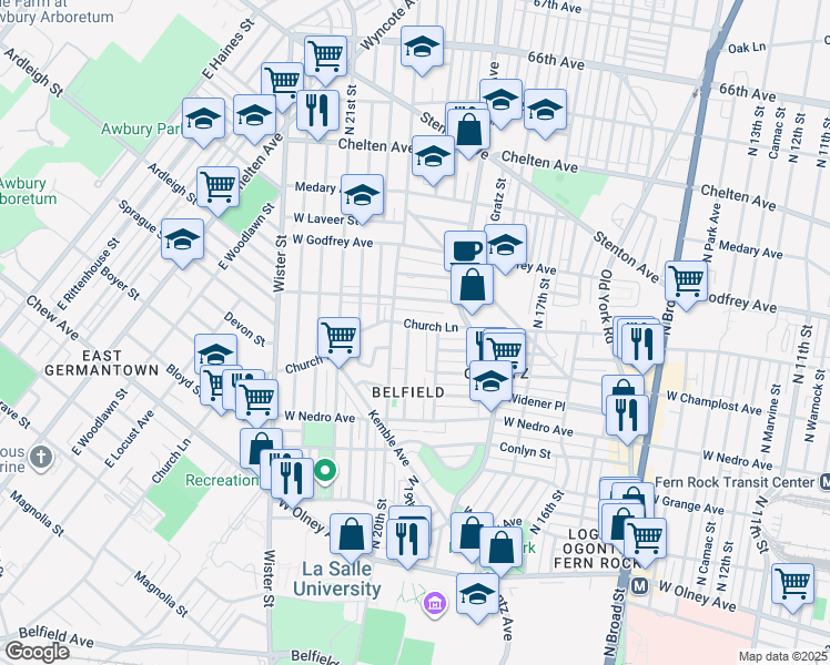 map of restaurants, bars, coffee shops, grocery stores, and more near 1968 Church Lane in Philadelphia