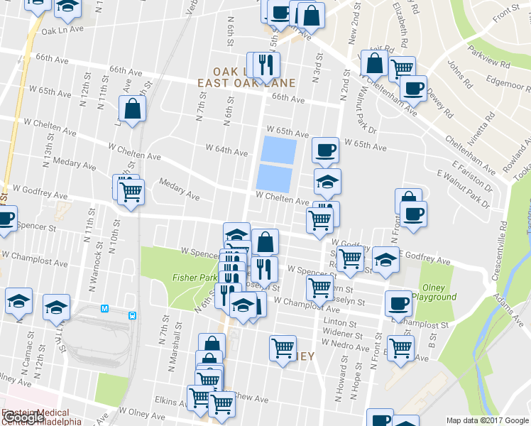map of restaurants, bars, coffee shops, grocery stores, and more near 6233 North Lawrence Street in Philadelphia