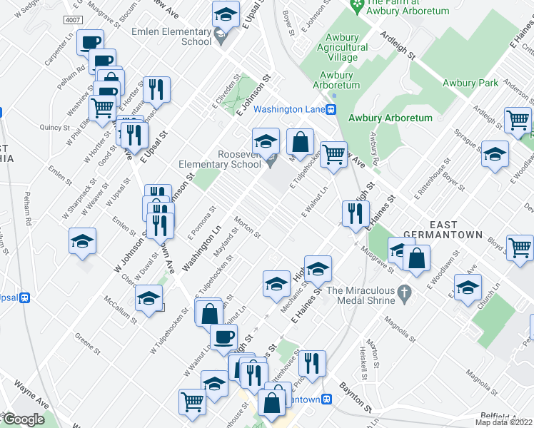 map of restaurants, bars, coffee shops, grocery stores, and more near 6200 Magnolia Street in Philadelphia